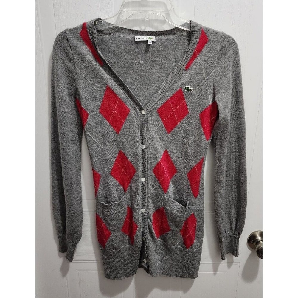 Lacoste Women's Cardigan‎ Sweater Pure Wool Knit Devanlay Pink Grey Argyle Sz 36